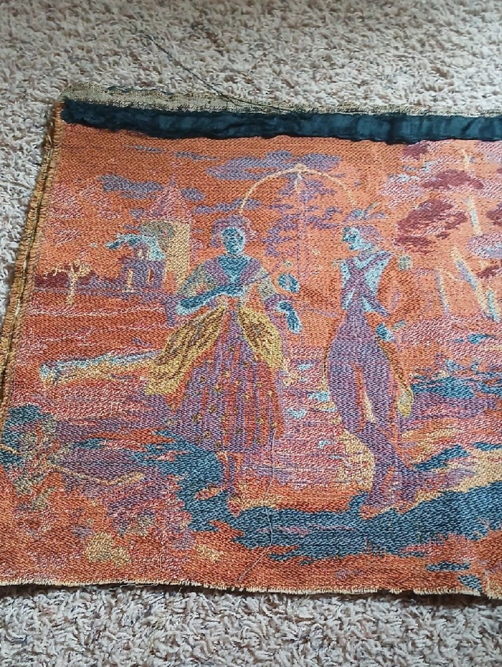 Vintage Tapestry Panel with Pastoral Couple in Soft Greens and Pinks - Picture 8 of 11